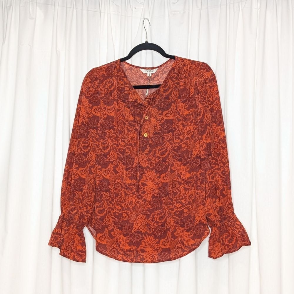 Tucker NYC Juliette Blouse Rust Lace in Crepe de Chine Silk Top Long Sleeve
